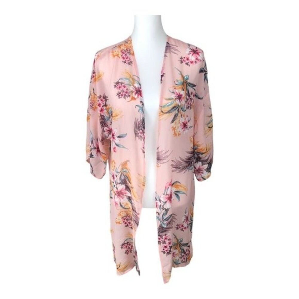 Pinkline Floral‎ Kimono Cardigan Light Pink Floral Sheer 3/4 Sleeve Size L